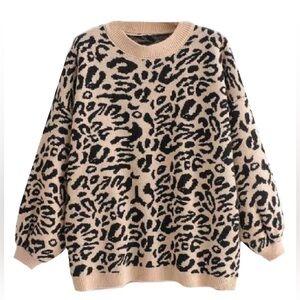 Goodnight Macaroon Kanya Leopard Pint Sweater Black Beige Crewneck One Size Soft